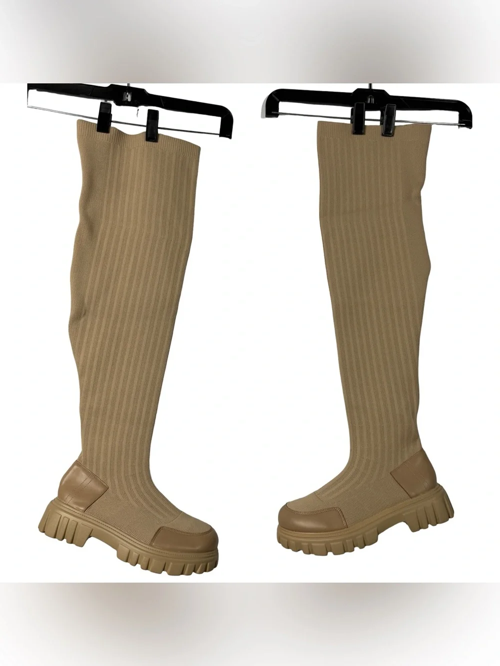 Cuccoo Ribbed Knit Thigh-High Lug Sock Boots Beige Size Women's 10